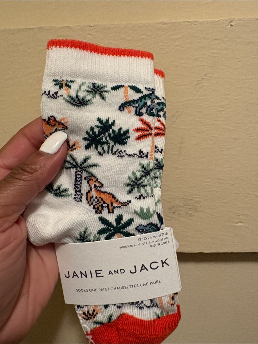 Janie and Jack White Baby Socks with Orange Trim and Green Dino Print